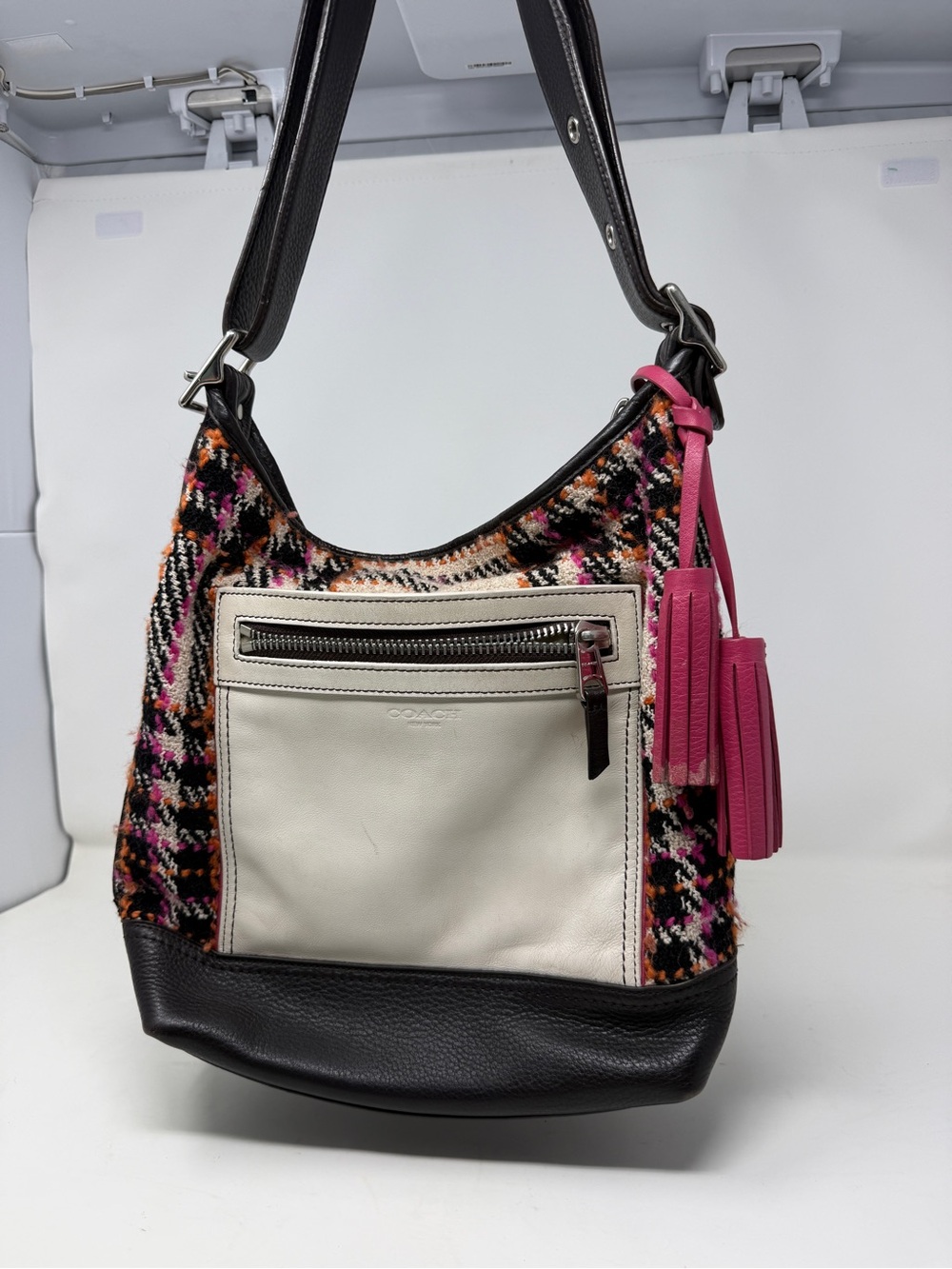 Coach Multicolor Tweed Shoulder Bag with Pink Tassel - Picture 1 of 16